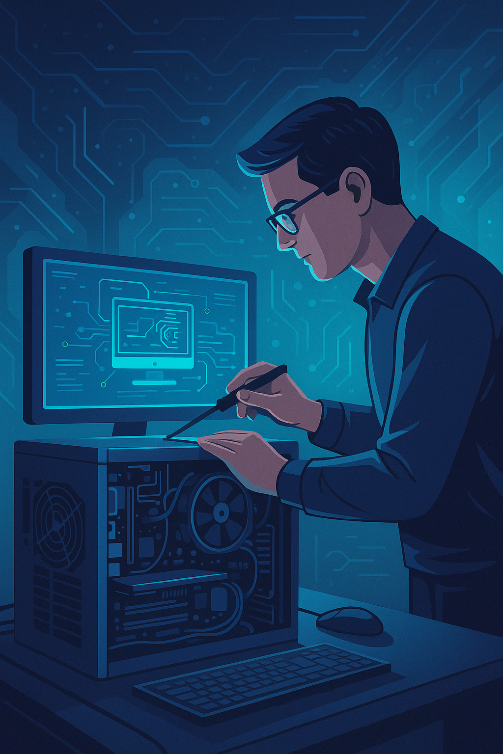 Ilustrație a unui tehnician montând un computer