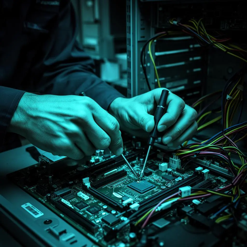 Tehnician reparând componente de calculator